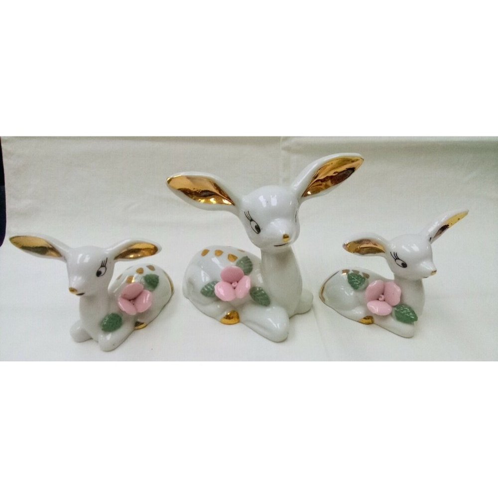 3 Vintage Deer Figurines White Deers Faun Figurines Pink Roses Gold Accents